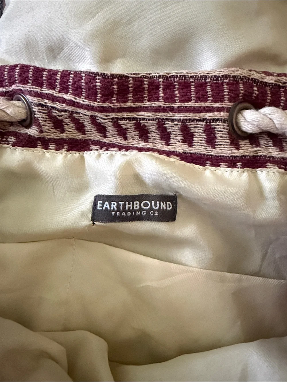 EARTHBOUND Burgundy and Cream Aztec Drawstring Backpack with Teal Trim